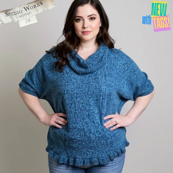 NWT STUDIO WORKS WOMAN 2X Blue / Teal Knit Poncho Sweater Cowl Neck Ruffle Hem - Picture 1 of 10